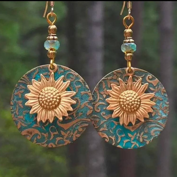 Boho Sunflower Earrings Vintage Engagement Wedding Drop Earrings - Picture 1 of 5